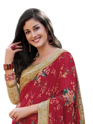 Red printed georgette saree with blouse 2