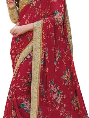 Red printed georgette saree with blouse 4