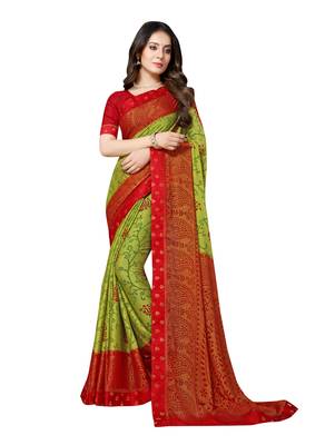 Green printed chiffon saree with blouse 1