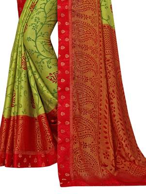 Green printed chiffon saree with blouse 2