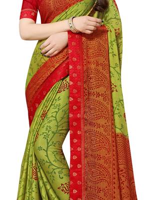 Green printed chiffon saree with blouse 3