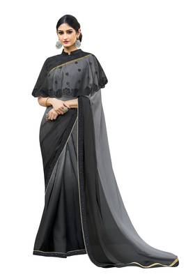 Black hand woven chiffon saree with blouse 1