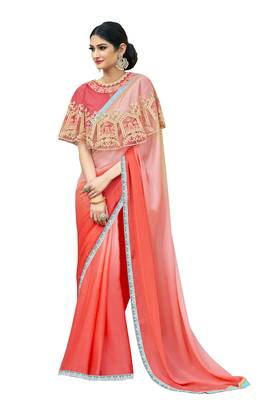 Red hand woven chiffon saree with blouse 1