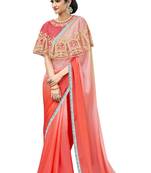 Red hand woven chiffon saree with blouse