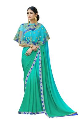 Teal hand woven chiffon saree with blouse 1
