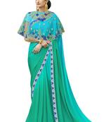 Teal hand woven chiffon saree with blouse