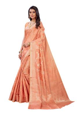Orange woven banarasi silk saree with blouse 2