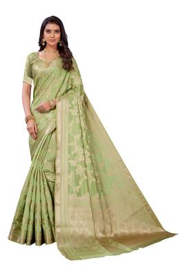 Green woven banarasi silk saree with blouse 1