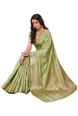 Green woven banarasi silk saree with blouse 4
