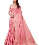 Pink woven banarasi silk saree with blouse