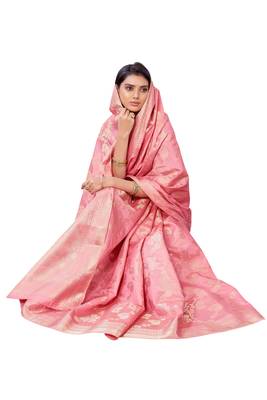 Pink woven banarasi silk saree with blouse 4