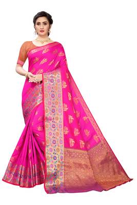 Pink woven banarasi silk saree with blouse 1