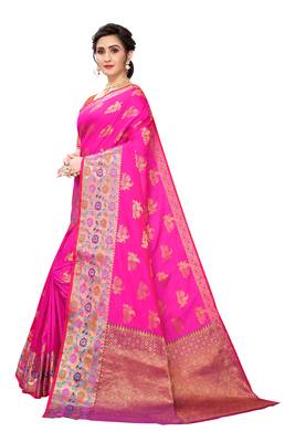 Pink woven banarasi silk saree with blouse 2