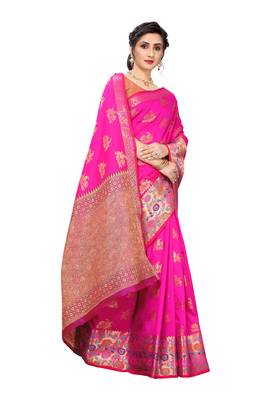 Pink woven banarasi silk saree with blouse 3