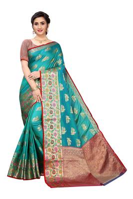 Teal woven banarasi silk saree with blouse 1
