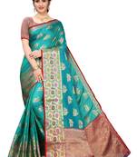 Teal woven banarasi silk saree with blouse