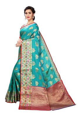 Teal woven banarasi silk saree with blouse 2