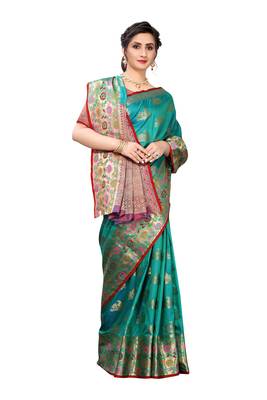 Teal woven banarasi silk saree with blouse 3