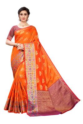 Orange woven banarasi silk saree with blouse 1