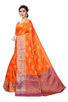 Orange woven banarasi silk saree with blouse 2