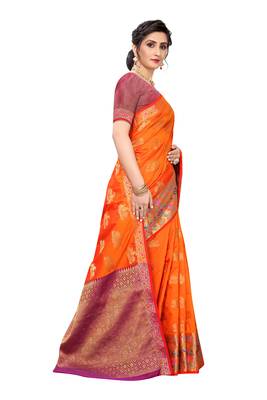 Orange woven banarasi silk saree with blouse 3