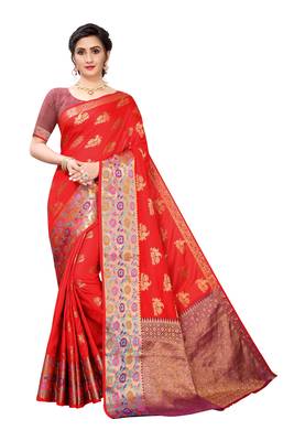 Red woven banarasi silk saree with blouse 1