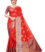 Red woven banarasi silk saree with blouse