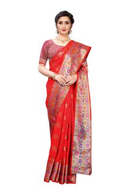 Red woven banarasi silk saree with blouse 3