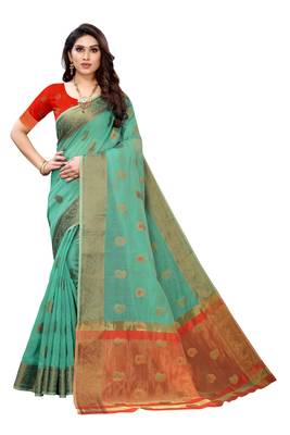 Dark green woven cotton silk saree with blouse 1