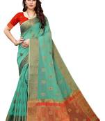 Dark green woven cotton silk saree with blouse