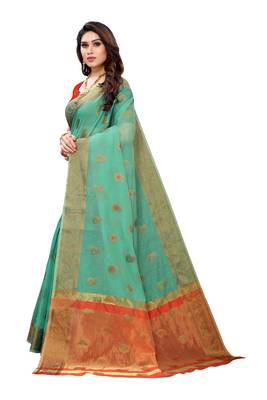 Dark green woven cotton silk saree with blouse 2