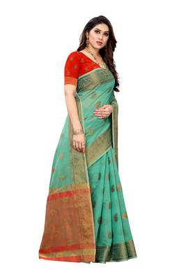 Dark green woven cotton silk saree with blouse 3
