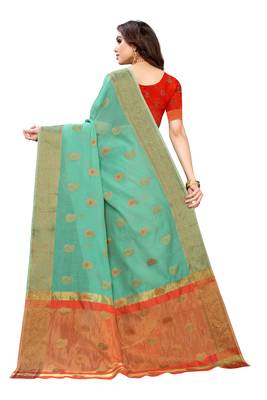 Dark green woven cotton silk saree with blouse 4