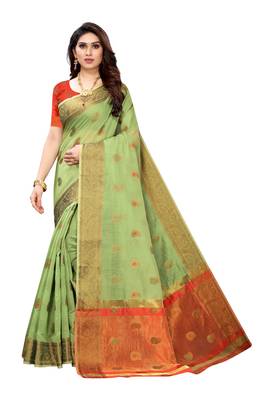 Green woven cotton silk saree with blouse 1