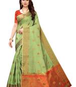 Green woven cotton silk saree with blouse