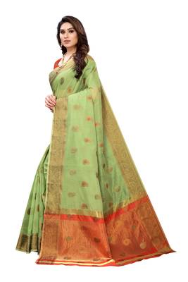 Green woven cotton silk saree with blouse 2