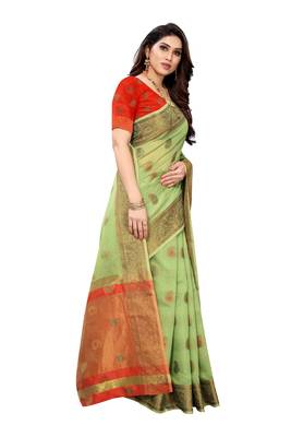Green woven cotton silk saree with blouse 3