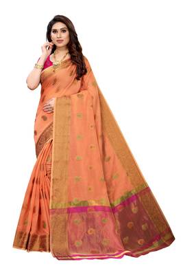 Peach woven cotton silk saree with blouse 1