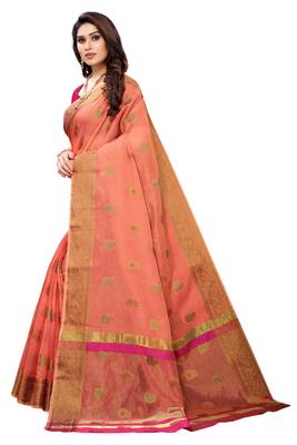 Peach woven cotton silk saree with blouse 2