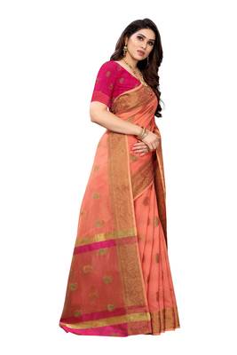 Peach woven cotton silk saree with blouse 3