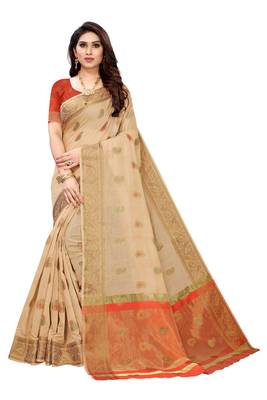 Beige woven cotton silk saree with blouse 1