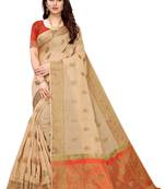 Beige woven cotton silk saree with blouse