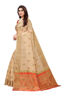 Beige woven cotton silk saree with blouse 2