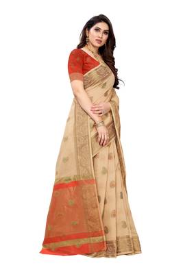 Beige woven cotton silk saree with blouse 3