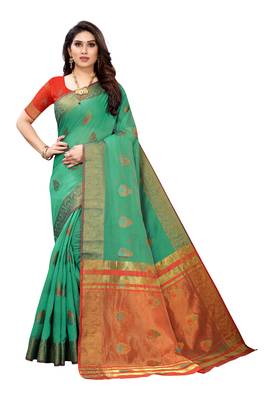 Dark green woven cotton silk saree with blouse 1