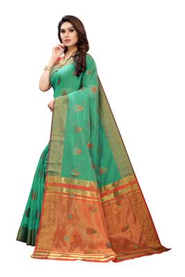 Dark green woven cotton silk saree with blouse 2
