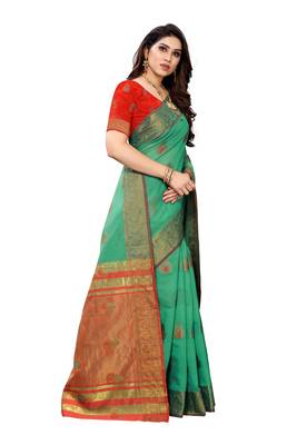 Dark green woven cotton silk saree with blouse 3