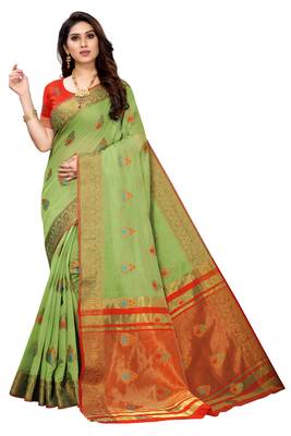 Green woven cotton silk saree with blouse 1