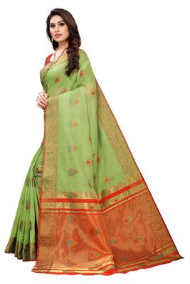 Green woven cotton silk saree with blouse 2