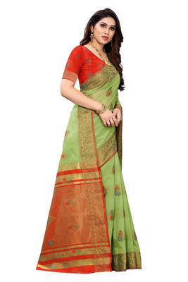 Green woven cotton silk saree with blouse 3